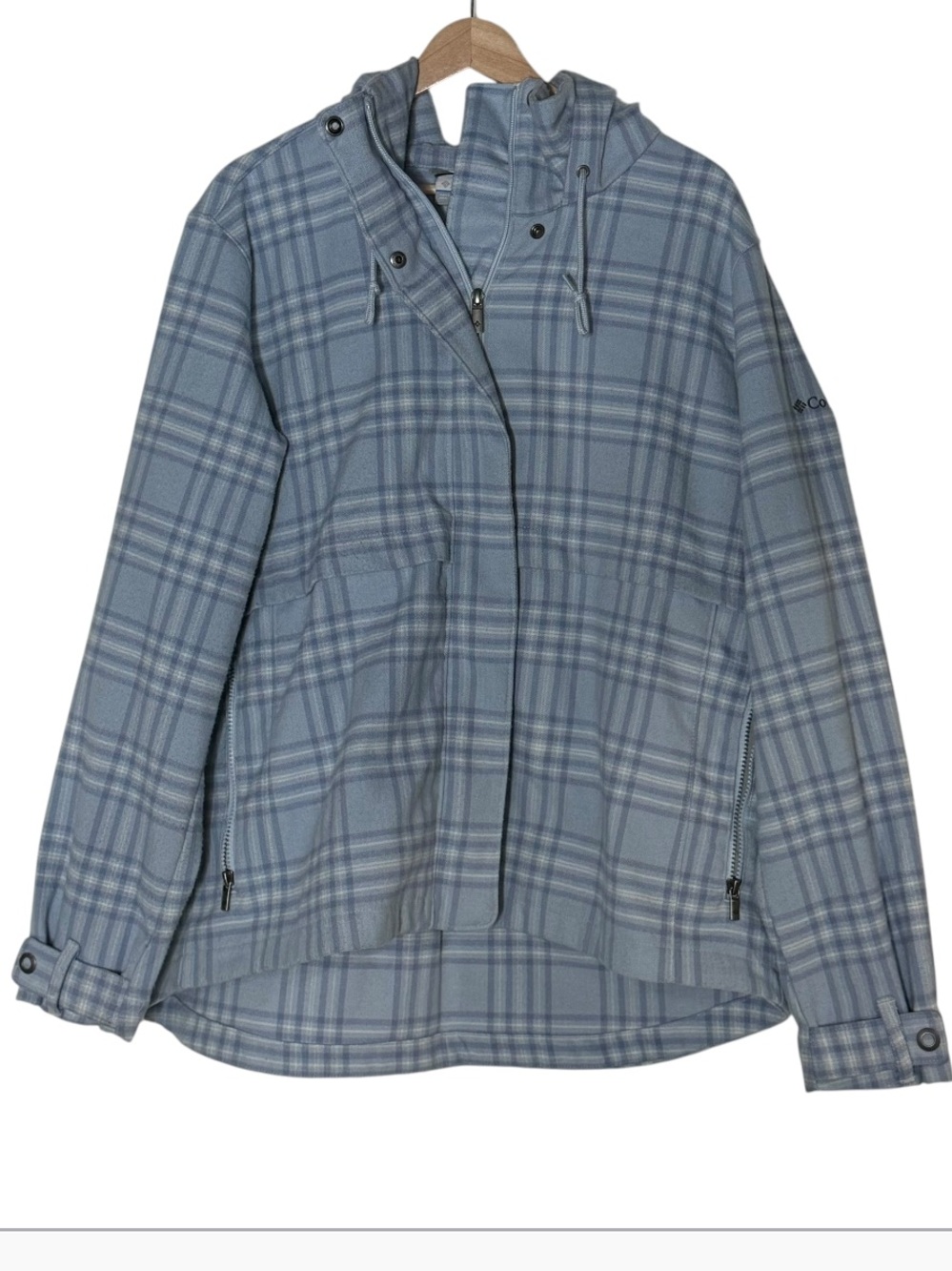 Columbia Plaid Full Zip Funnel Neck Hooded Outdoor Jacket Size XL Blue Gray